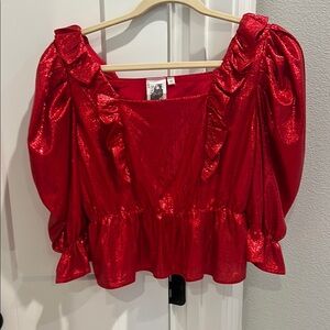 QUEEN OF SPARKLES Red Ruffle Puff Sleeve Peplum Blouse